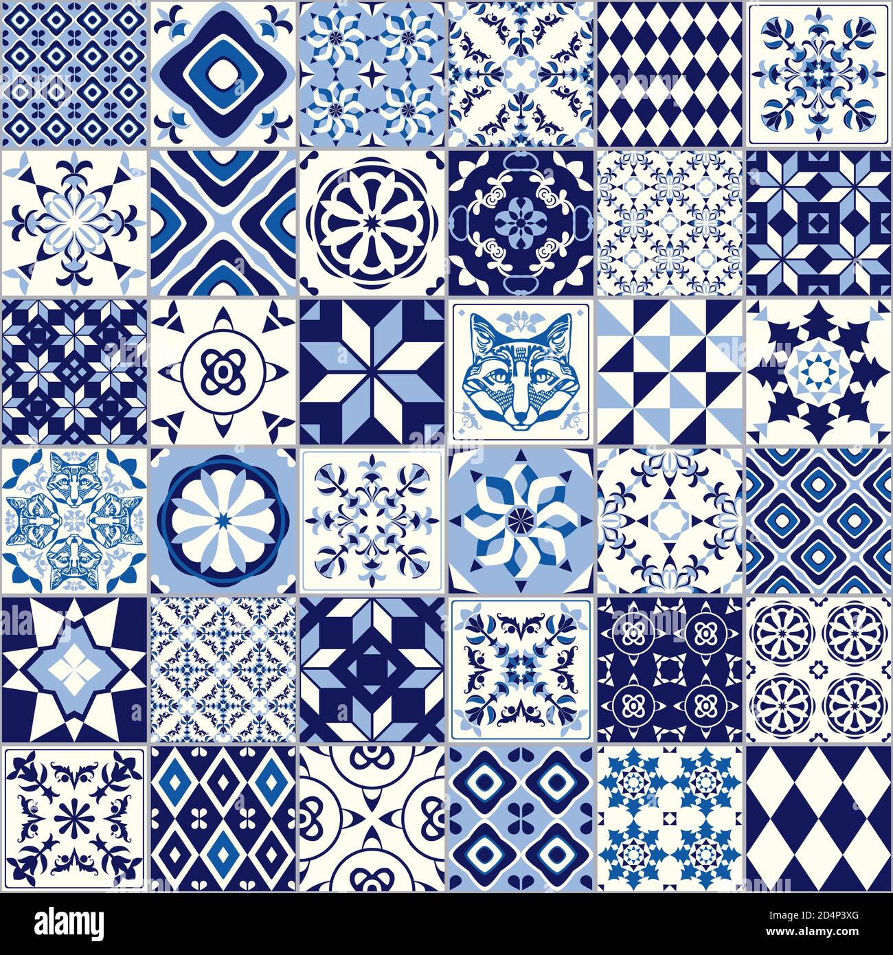 Vektor nahtlose Fliesenmuster. Abstrakter Hintergrund. Keramikfliesen. Indigo blaue Blume Azulejos Dekoration Stock Vektor