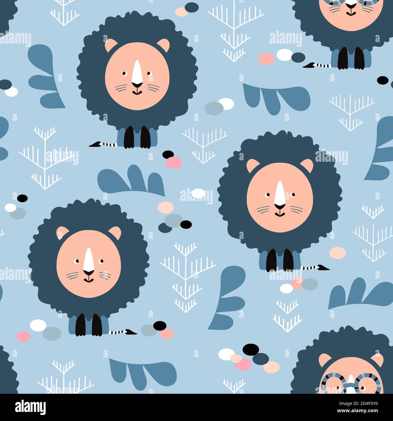 Kindisch nahtloses Muster mit handgezeichneten Löwen und Savannenelementen. Kreative Kinder für Stoff, Verpackung, Textil, Tapete, Kleidung. Vektor illustrr Stock Vektor