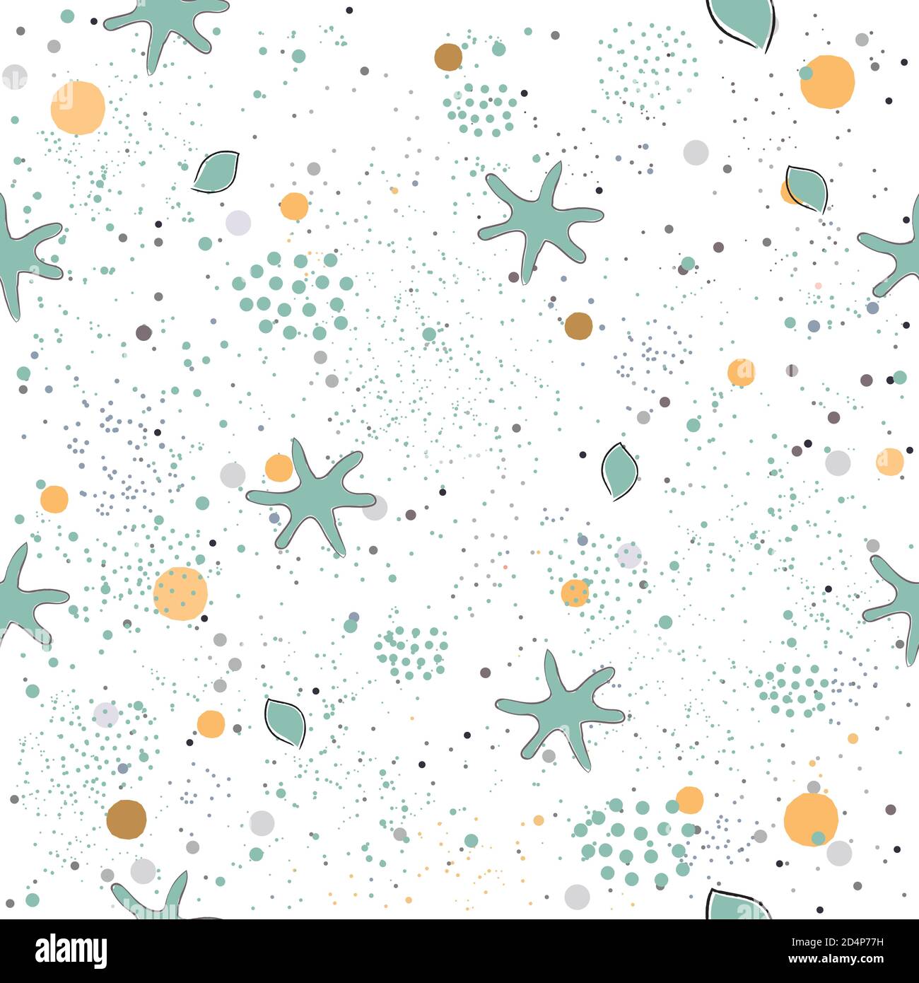 Wunderschöne handgezeichnete nahtlose Muster mit Punkten und Seesterne auf weißem Hintergrund. Vector Illustration Stock Vektor