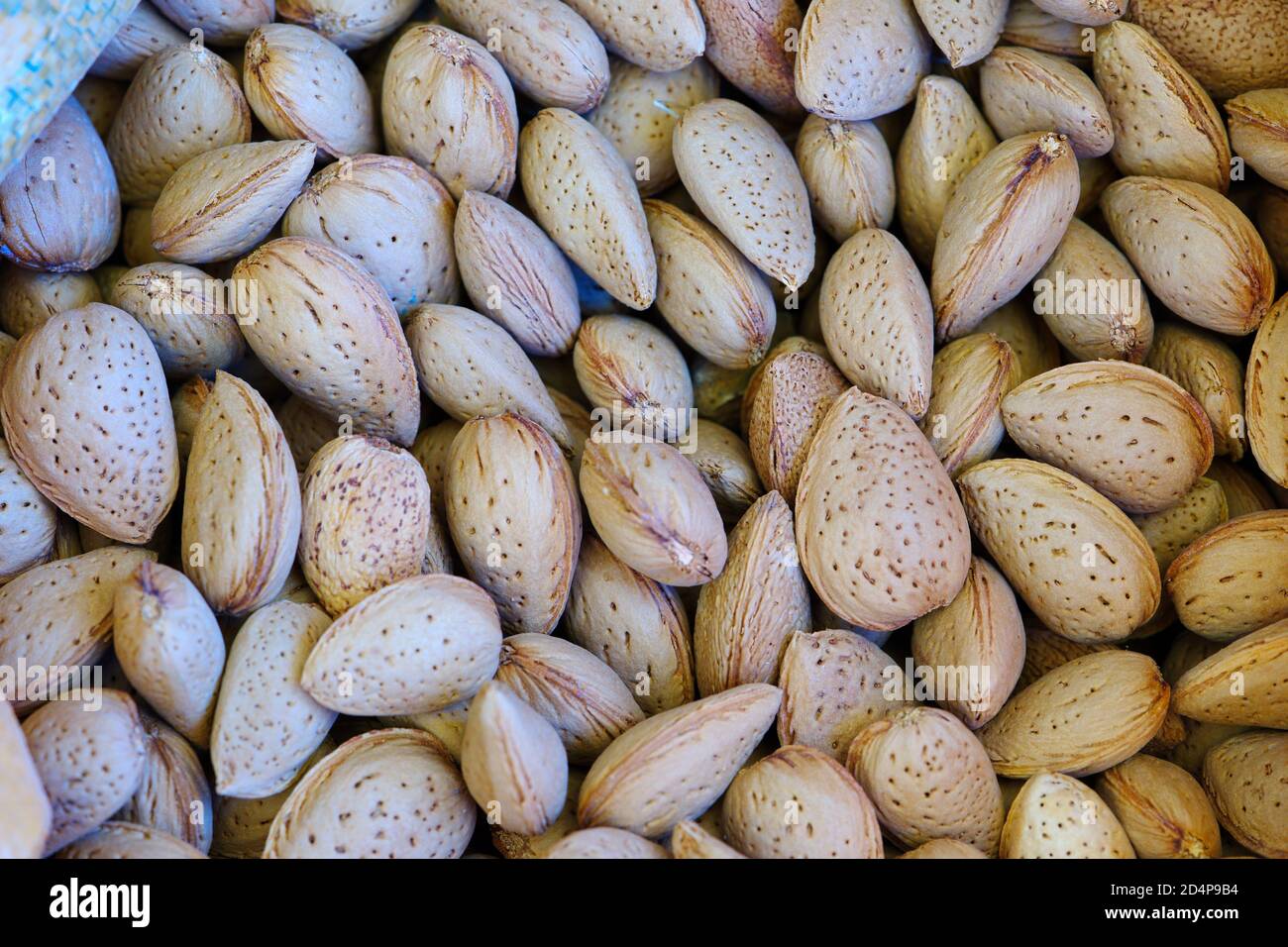 Makro Hintergrund von geschälten Mandeln. Cookie-Stapel Stockfoto