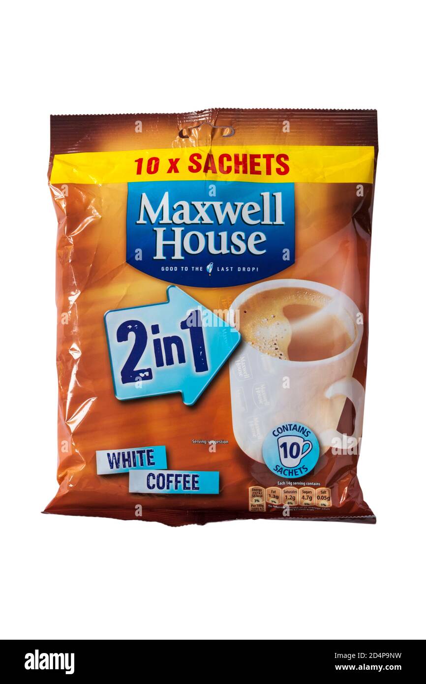 packung mit 10 Sachets von Maxwell House 2 in 1 Weißer Kaffee isoliert auf weißem Hintergrund Stockfoto