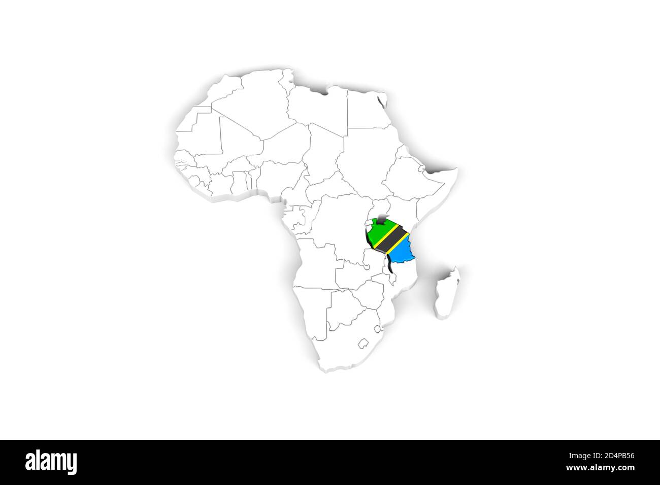 Afrika 3d Karte mit markierten Grenzen - Tansania Gebiet markiert Mit Tansania Flagge - isoliert auf weißem Hintergrund - 3D Abbildung Stockfoto