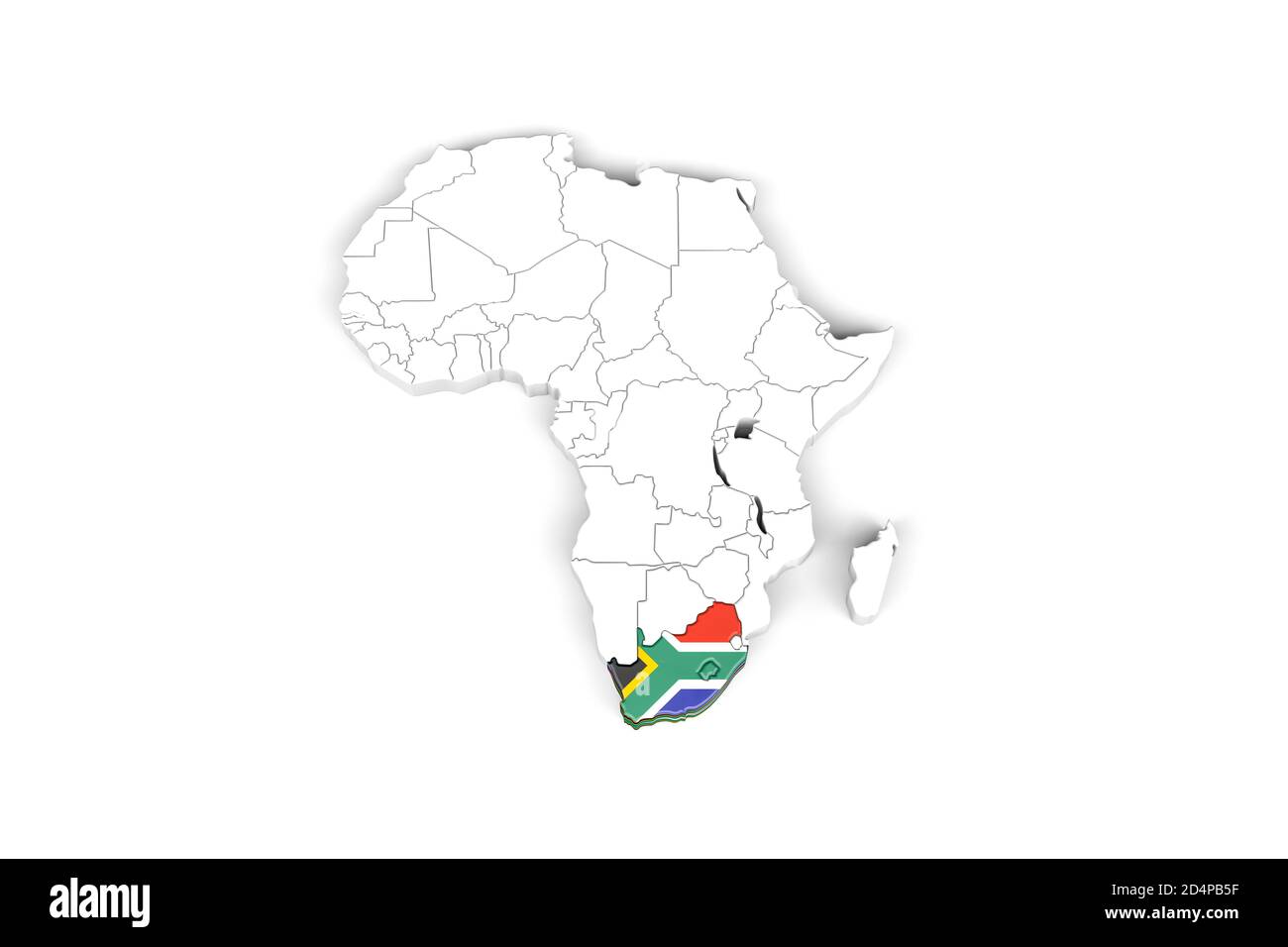 Afrika 3d Karte mit markierten Grenzen - Südafrika Gebiet Markiert mit südafrikanischer Flagge - isoliert auf weißem Hintergrund - 3D Illustration Stockfoto