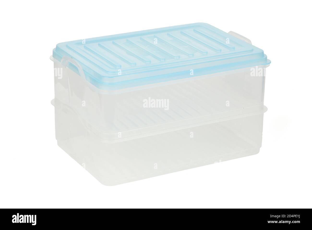 Geschlossene Lebensmittelbox aus Kunststoff isoliert auf weißem Hintergrund. Hochauflösendes Foto. Volle Schärfentiefe. Stockfoto