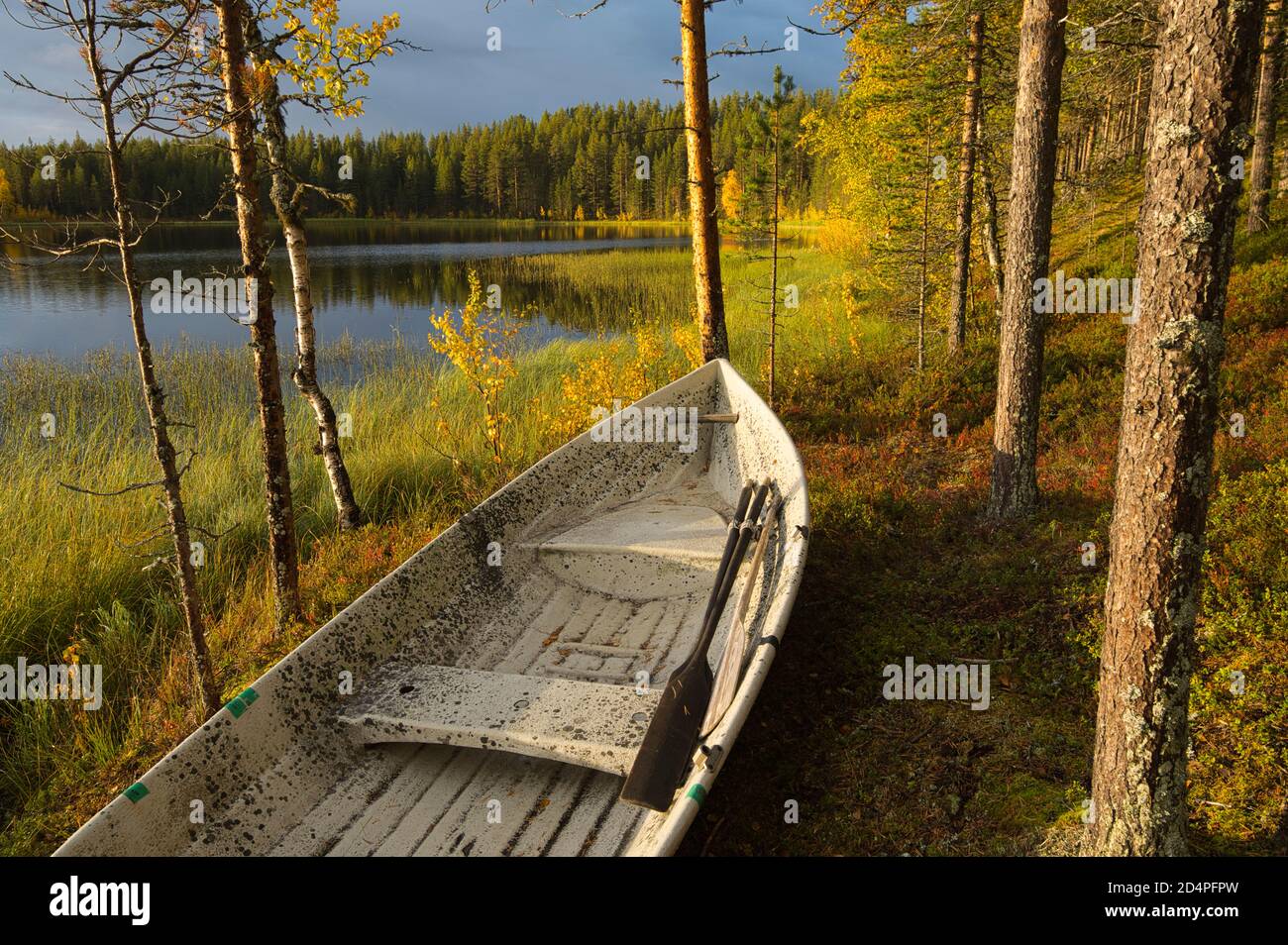 Ruderboot bei Harjujärvi in Muonio, Lappland, Finnland Stockfoto