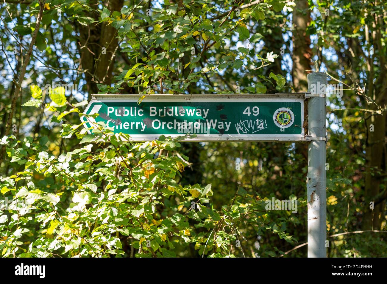 Öffentlicher Brückenweg 49, Cherry Orchard Way, Rochford, Southend on Sea, Essex, Großbritannien. Gemischte vorstädtischen und ländlichen Gegend Waldweg, bewaldeten Brückenweg Stockfoto