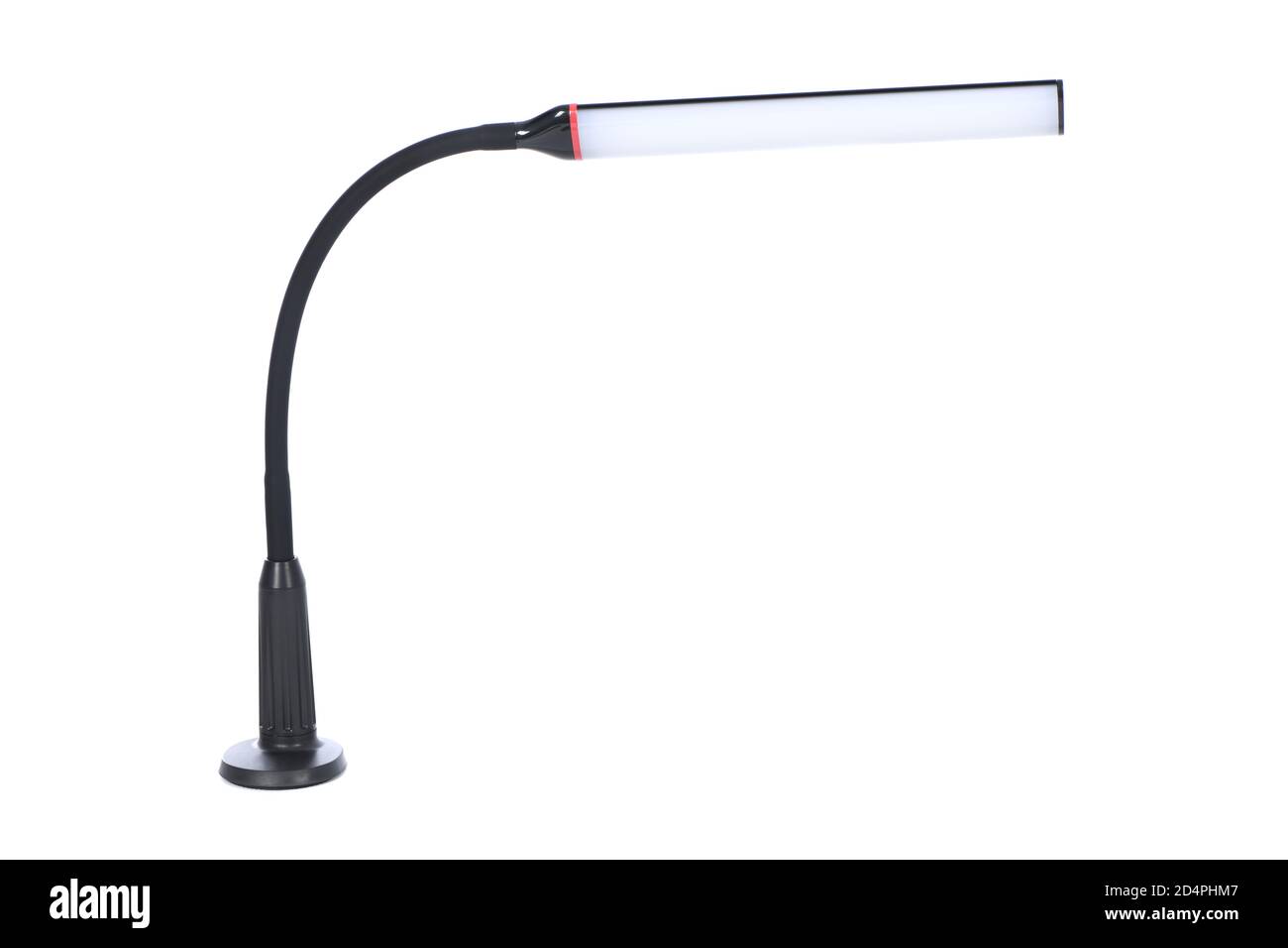 Moderne schwarze flexible Schreibtischlampe isoliert auf weißem Hintergrund. Hochauflösendes Foto. Volle Schärfentiefe. Stockfoto