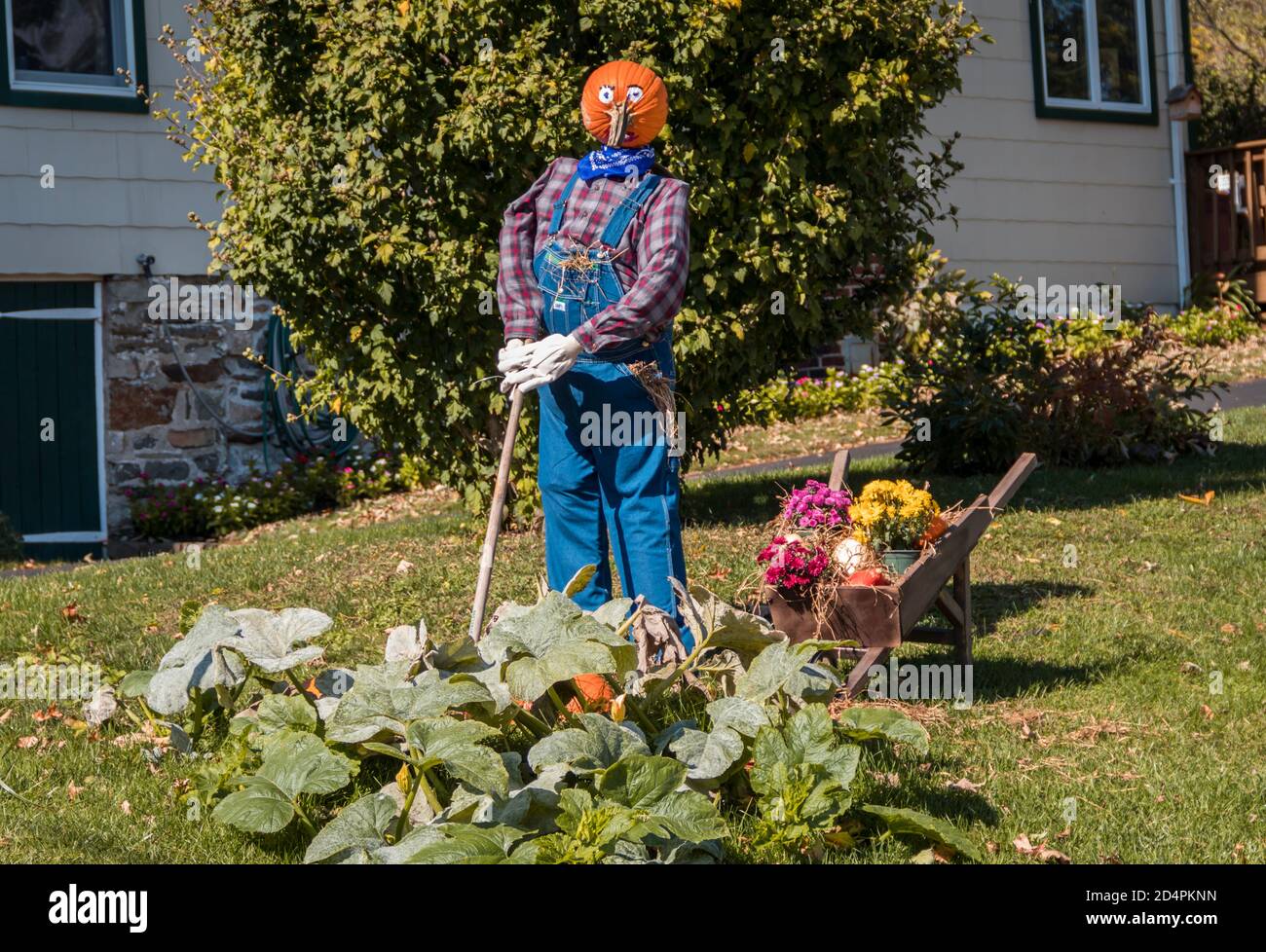 Branchville, NJ / USA - 9. Oktober 2020: Vogelscheuchen werden in der Nachbarschaft für gesellschaftlich distanzierte Herbstaktivitäten und Wettkämpfe dekoriert Stockfoto