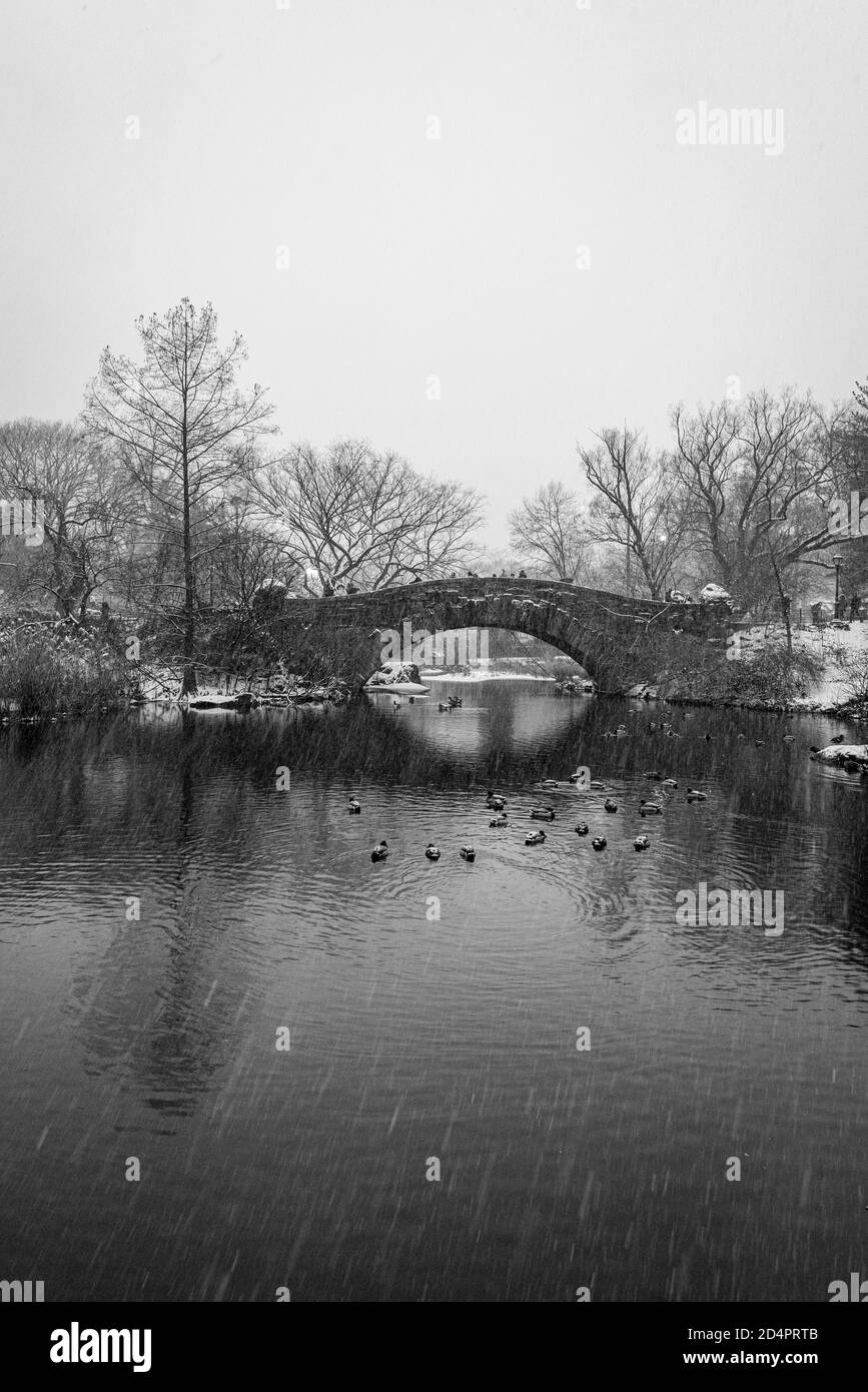 Die Gapstow Bridge im Schnee, im Central Park, Manhattan, New York City Stockfoto