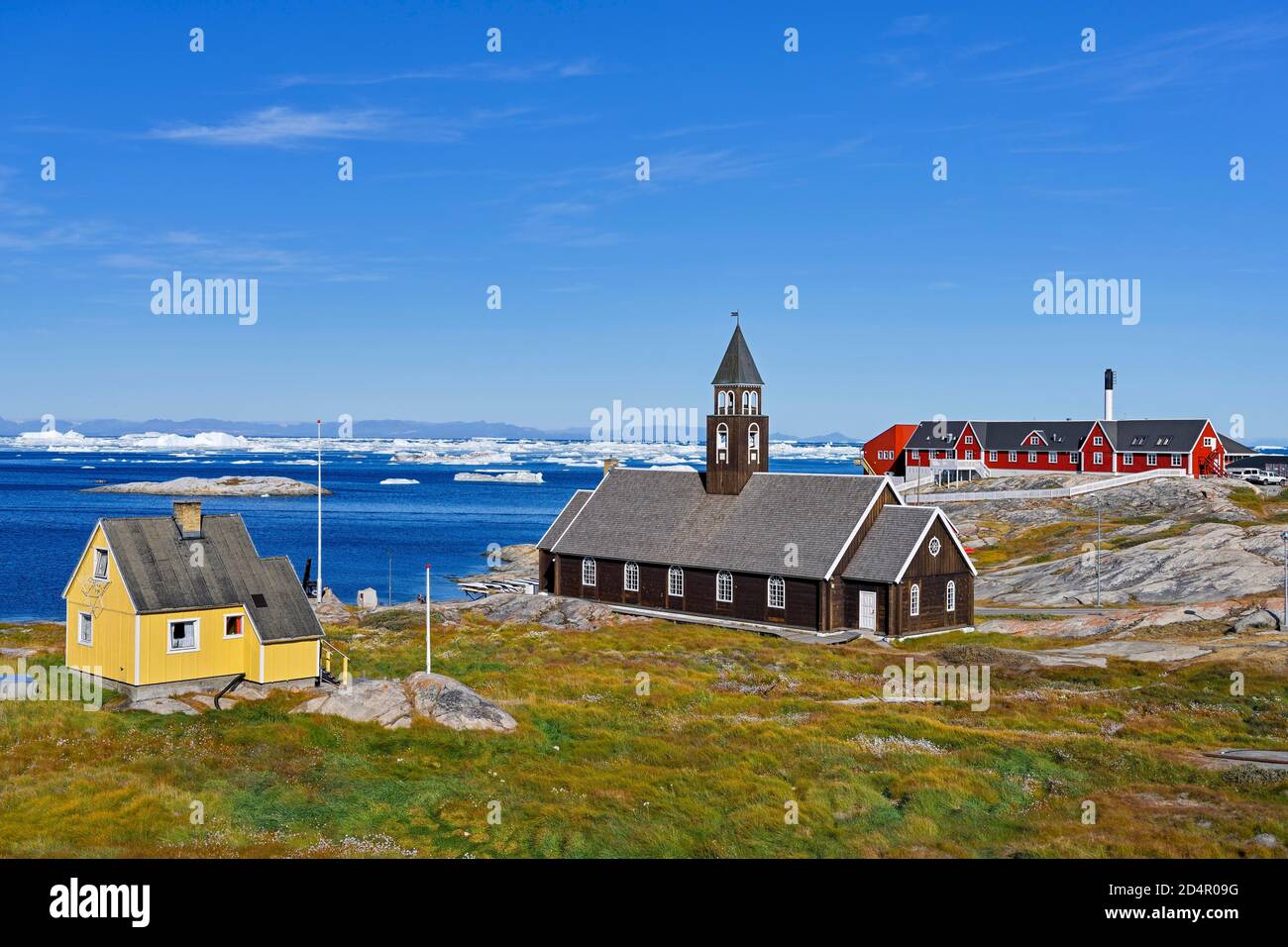 Zion Kirche und Krankenhaus in Disko Bay, Ilulissat, Westgrönland, Grönland, Nordamerika Stockfoto