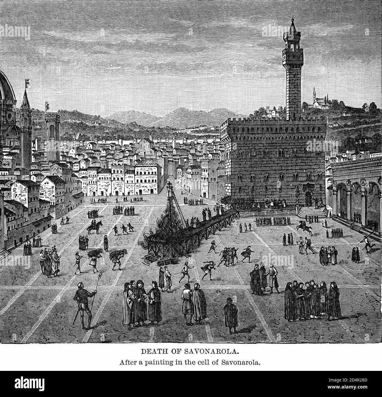 Tod von Savonarola, nach einem Gemälde in der Zelle von Savonarola, Illustration, Ridpath's History of the World, Band III, von John Clark Ridpath, LL. D., Merrill & Baker Publishers, New York, 1897 Stockfoto