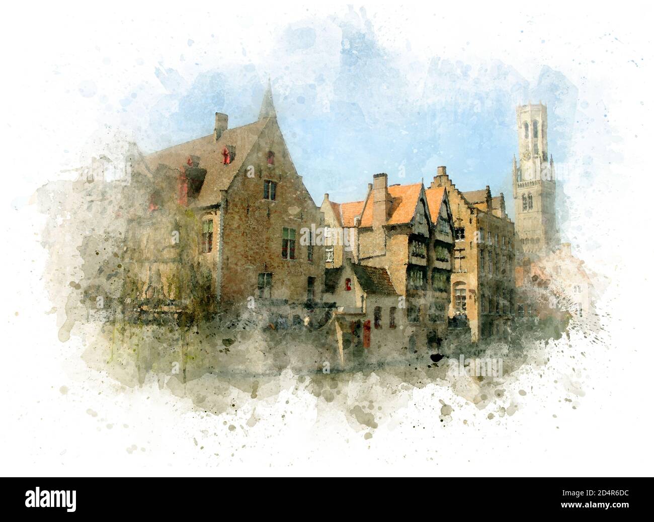 Blick auf die Altstadt von Brügge und den Glockenturm, Postkarte als Aquarellzeichnung, Skizze Stockfoto