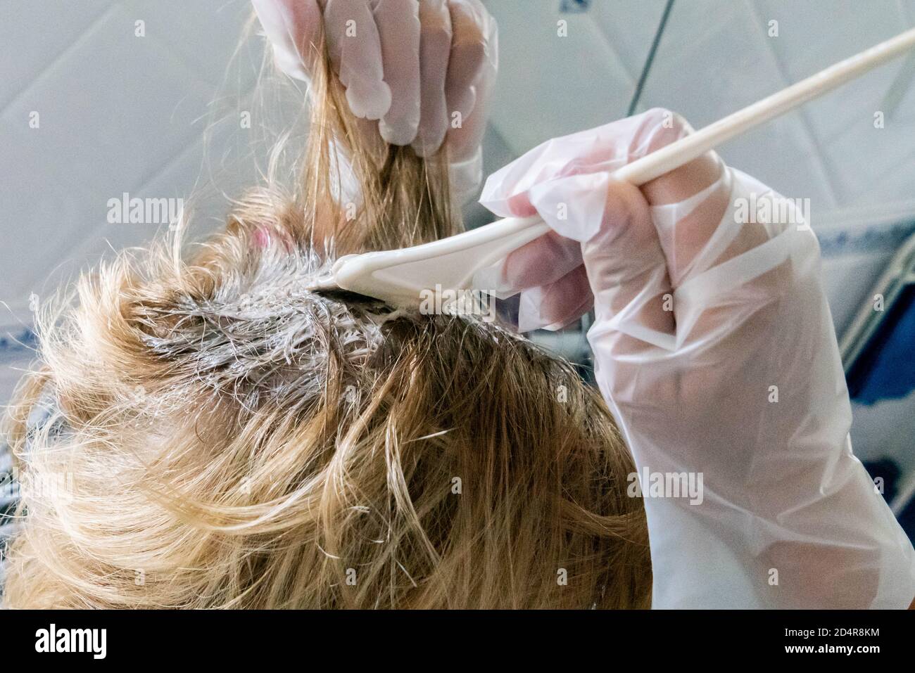 Frau Anwendung Haarfarbe. Stockfoto