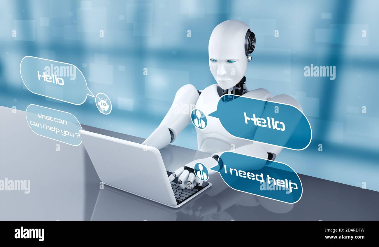 KI-Roboter mit Computer, um mit Kunden zu chatten. Konzept von Chat bot  Service bietet Hilfe und intelligente Informationen in sozialen Medien und  E-Commerce Stockfotografie - Alamy