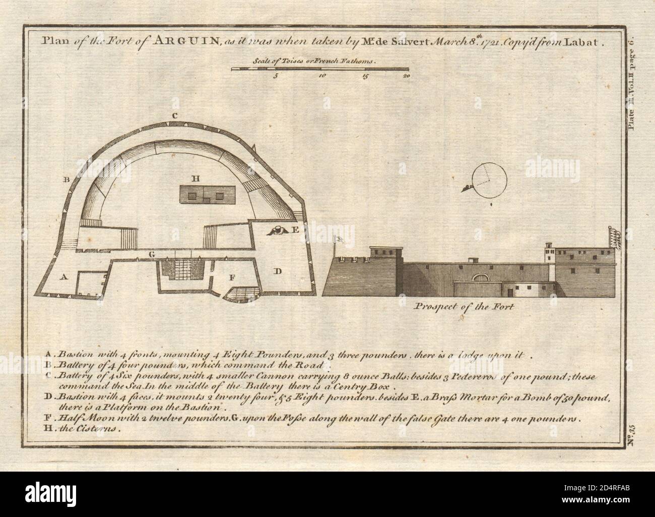 Ein Plan der Festung von Arguin. Mauretanien. LABAT 1745 alte antike Kartenkarte Stockfoto
