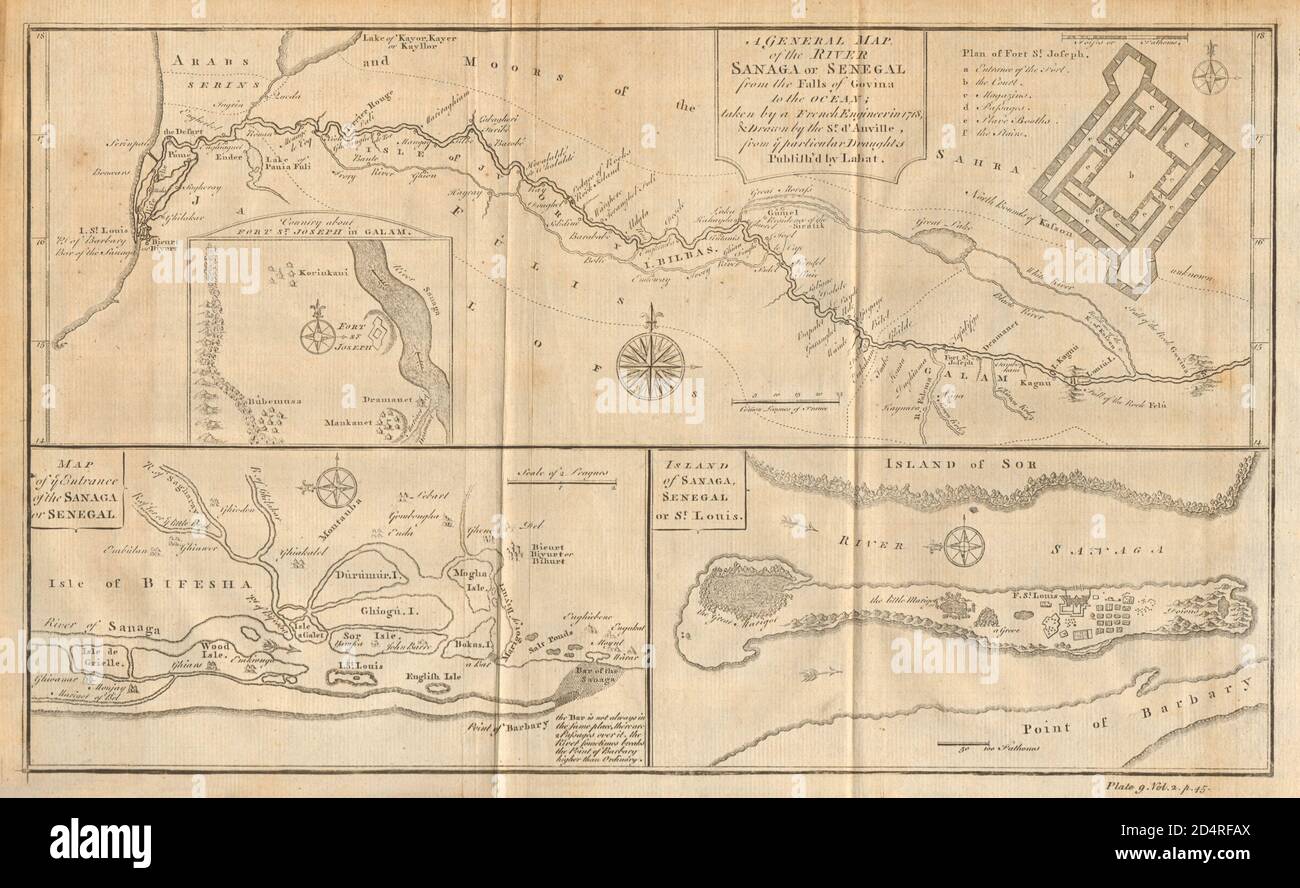 Fluss Sanaga oder Senegal. Mund. Île Saint-Louis. Mauretanien. D'ANVILLE 1745 Karte Stockfoto