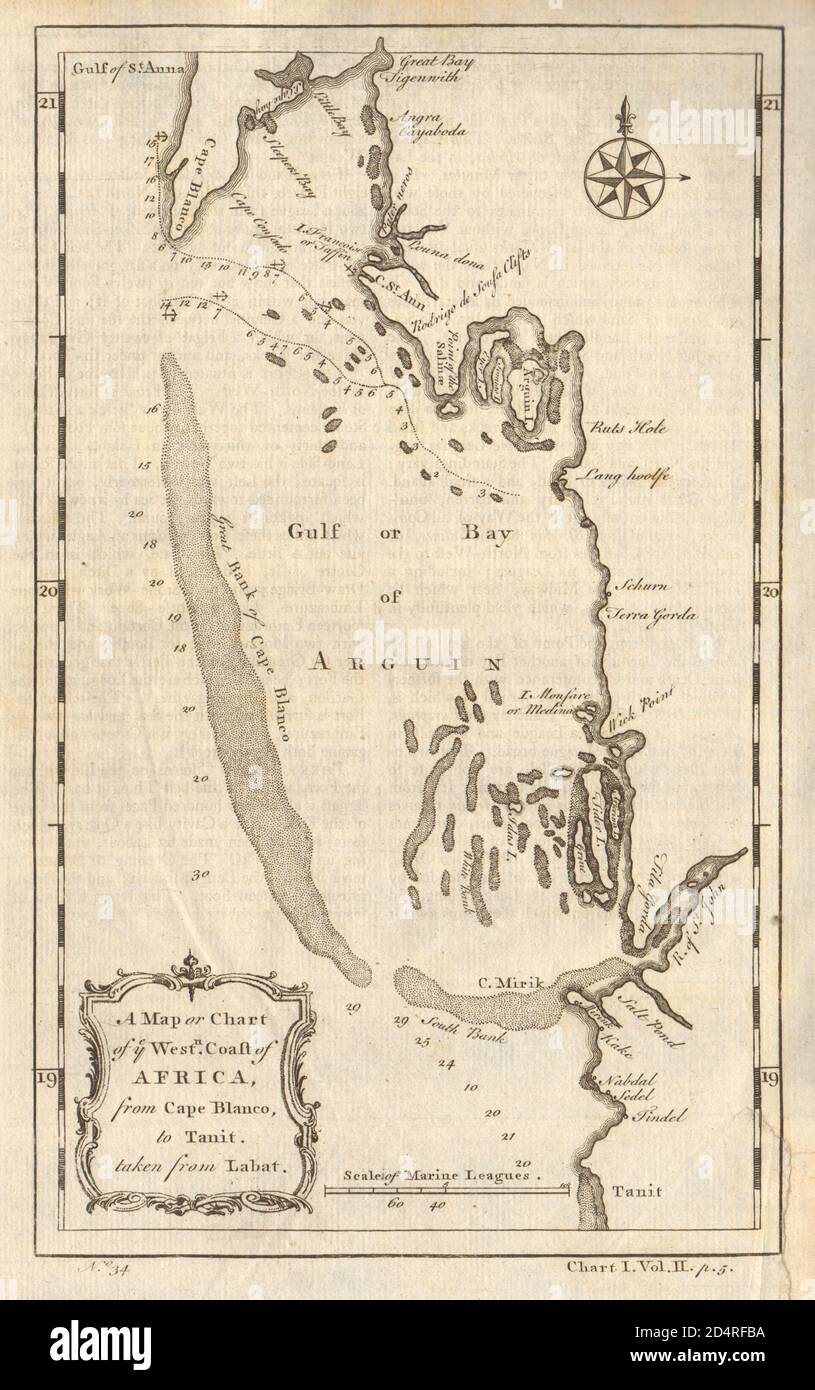 Westküste Afrikas vom Kap Blanco… Bucht von Arguin, Mauretanien. LABAT 1745-Karte Stockfoto