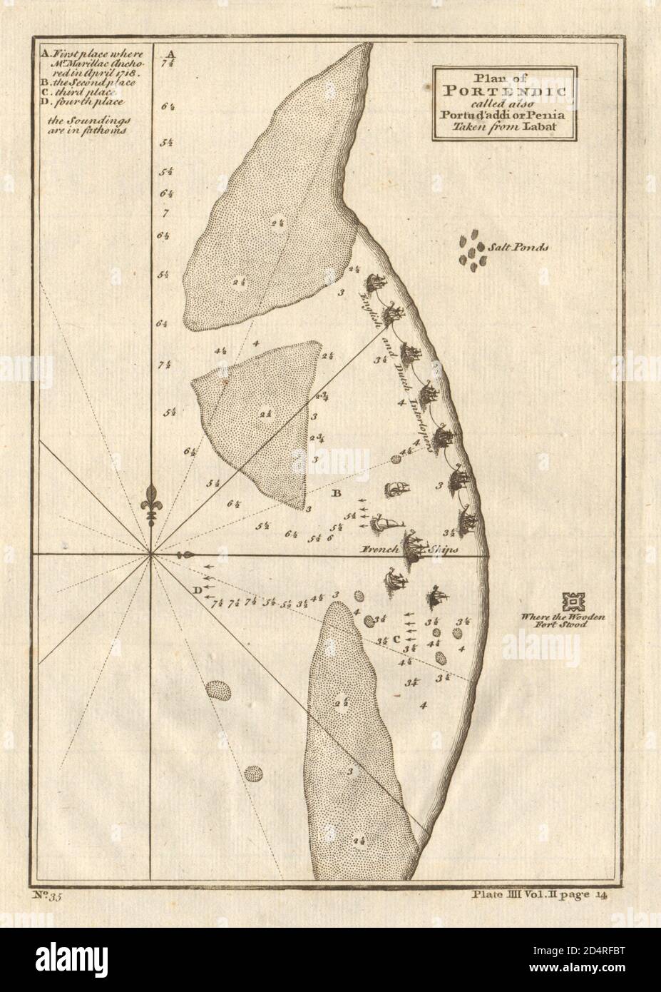 Plan der Portendic… Portu d'Addi oder Penia. Portendick Mauretanien. LABAT 1745-Karte Stockfoto