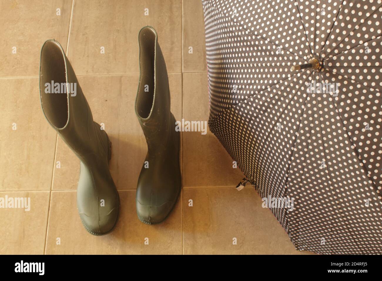 Grauer Regenschirm mit Punkten und Gummistiefeln in der Halle Auf dem grauen Boden Stockfoto