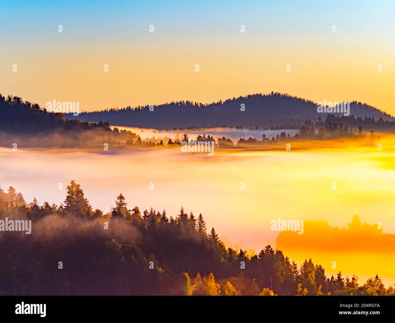 Spektakuläre verträumte dramatische Sonnenaufgänge frühmorgendliche Momente mit Nebel in Gorski kotar County Region in Kroatien Europa in der Nähe von Mrzla vodica Stockfoto