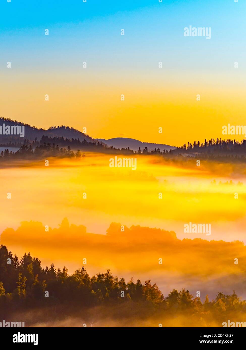 Spektakuläre verträumte dramatische Sonnenaufgang frühmorgens Dämmerung Momente mit Nebel In Gorski kotar County in Kroatien Europa in der Nähe von Mrzla vodica Stockfoto