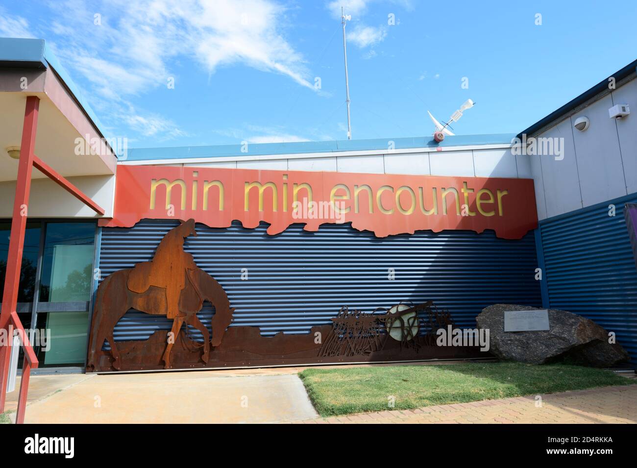 Boulia Visitors' Centre, das die Min Min Encounter Show, Boulia, Queensland, QLD, Australien, anwirbt Stockfoto