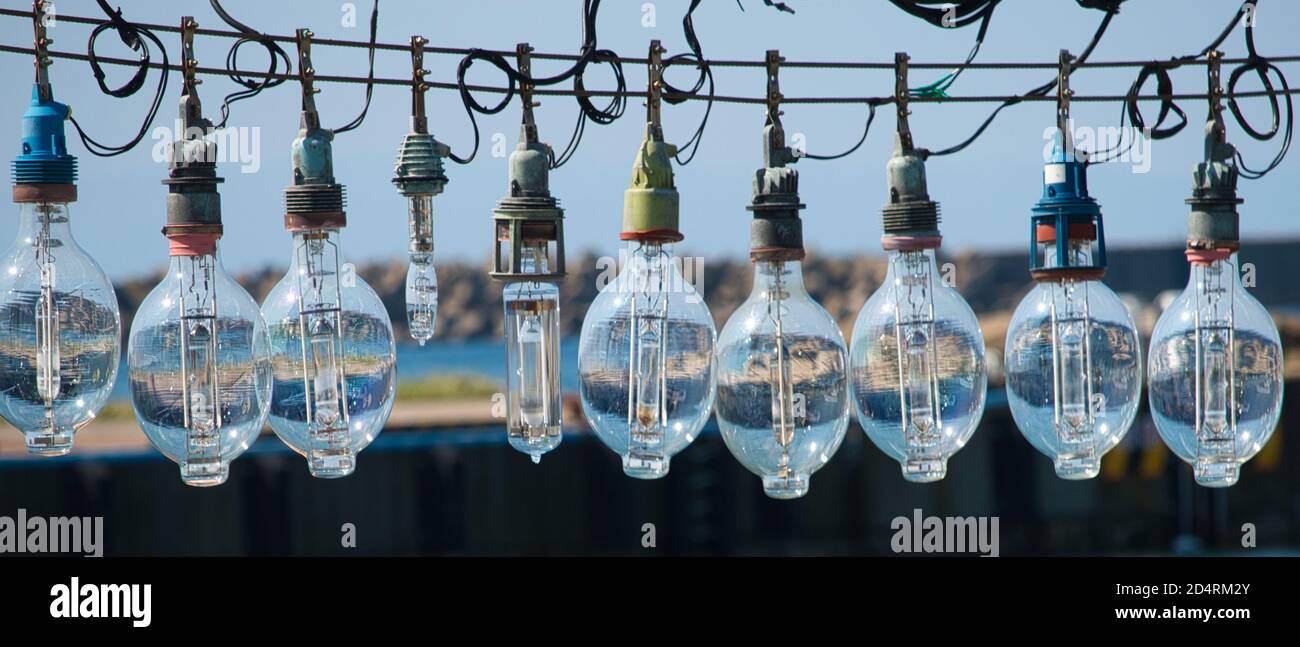 Eine Reihe von zehn industriellen Glühbirnen, die an einem Tintenfisch hängen Boot Stockfoto