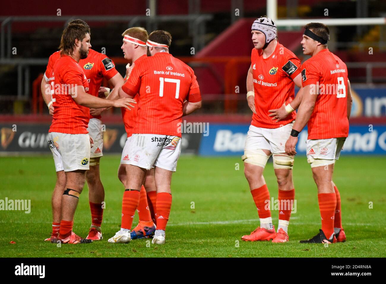 Limerick, Irland. Oktober 2020. Munster-Spieler während des Guinness PRO14 Rugby-Spiels zwischen Munster Rugby und Edinburgh Rugby im Thomond Park in Limerick, Irland am 10. Oktober 2020 (Foto von Andrew SURMA/SIPA USA) Kredit: SIPA USA/Alamy Live News Stockfoto