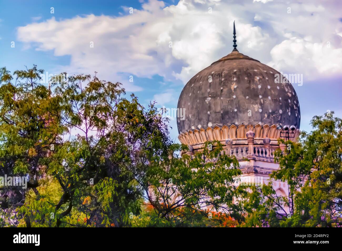 Ein Mai-Blume/Gulmohar Baum – Delonix regia – neben dem Mausoleum von Hayat Bakshi Begum im Qutb Shah Grab Komplex in Hyderabad, Indien. Stockfoto Ein Mai-Blume/Gulmohar Baum – Delonix regia – neben dem Mausoleum von Hayat Bakshi Begum im Qutb Shah Grab Komplex in Hyderabad, Indien. Stockfoto