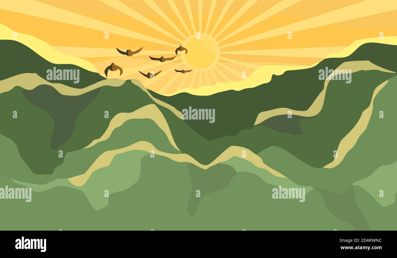 Berglandschaft mit Sonnenaufgang am Morgen. vektor-Illustration Stock Vektor