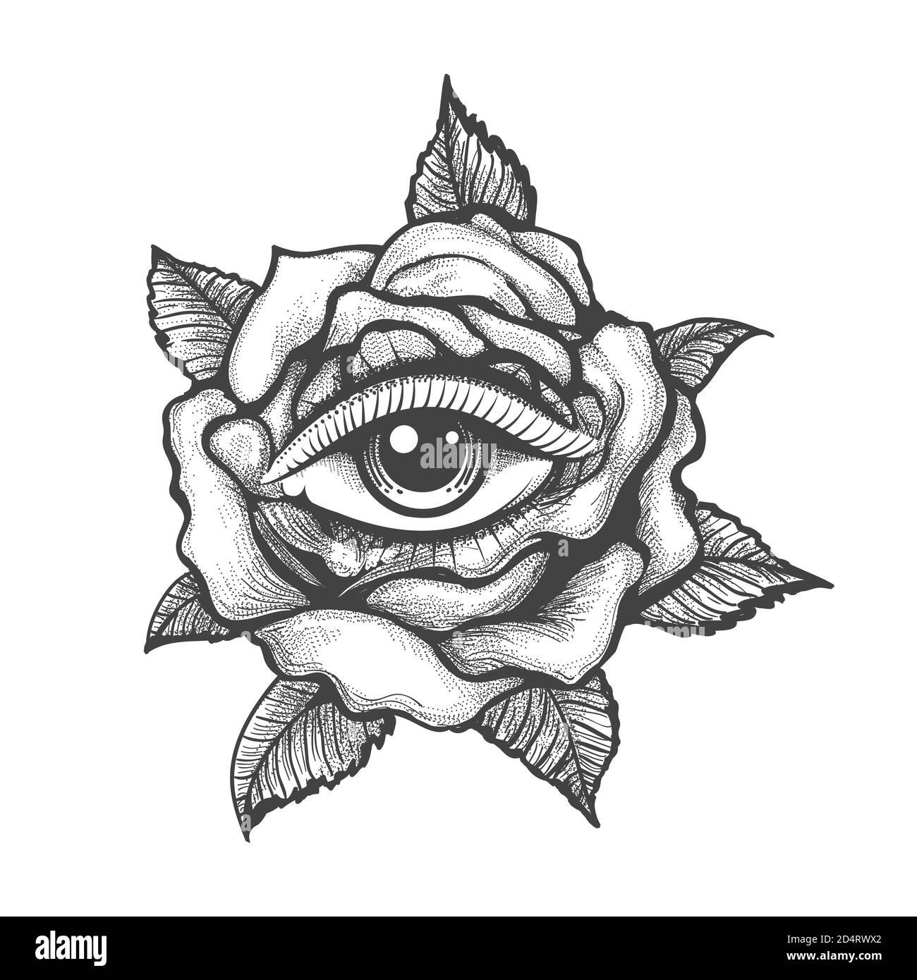 Tattoo mit menschlichem Auge in einer Rosenblume isoliert auf weißem Hintergrund. Vektorgrafik. Stock Vektor