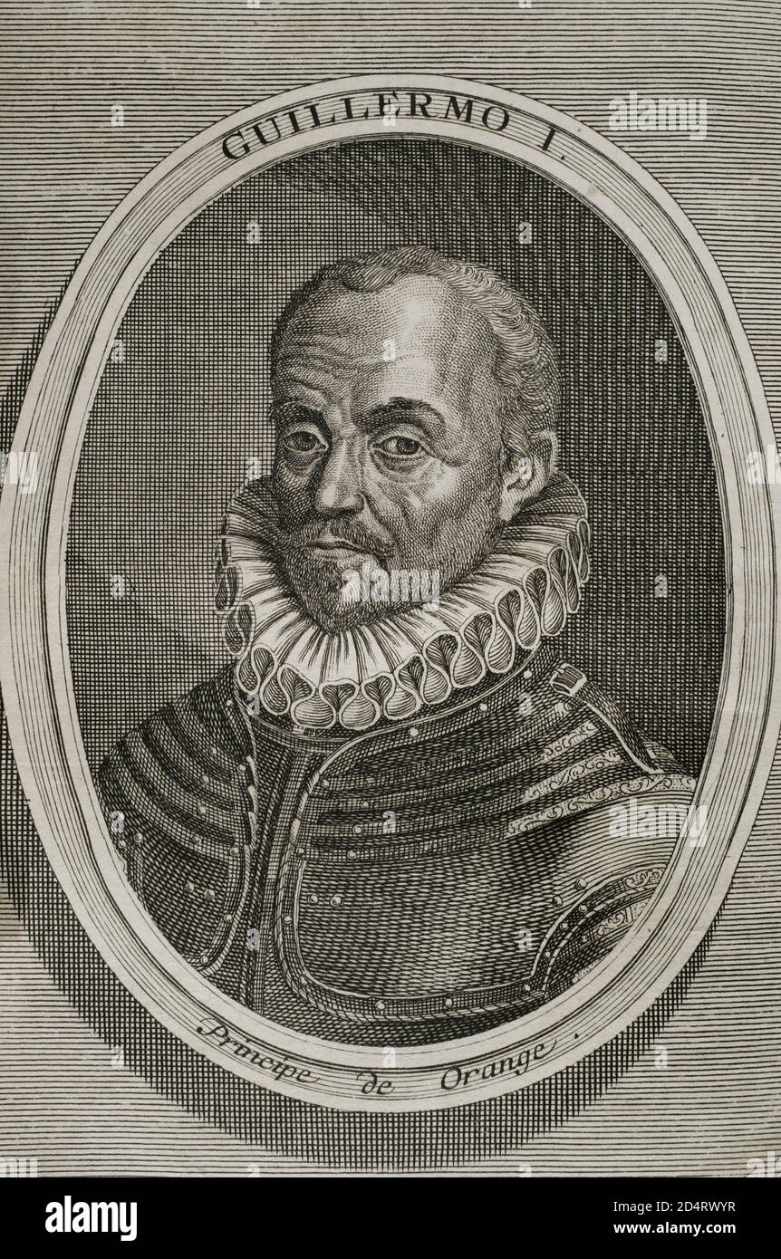 Guillermo de Orange-Nassau (1533-1584) llamado el Taciturno. Mitmbro de la Casa de Nassau, se convirtió en Príncipe de Orange en 1544. SE unió a la rebelión contra la Corona Española. Retrato. Grabado. Guerras de Flandes. Edición publicada en Amberes,1748. Biblioteca Histórico Militar de Barcelona. Cataluña. España. Stockfoto