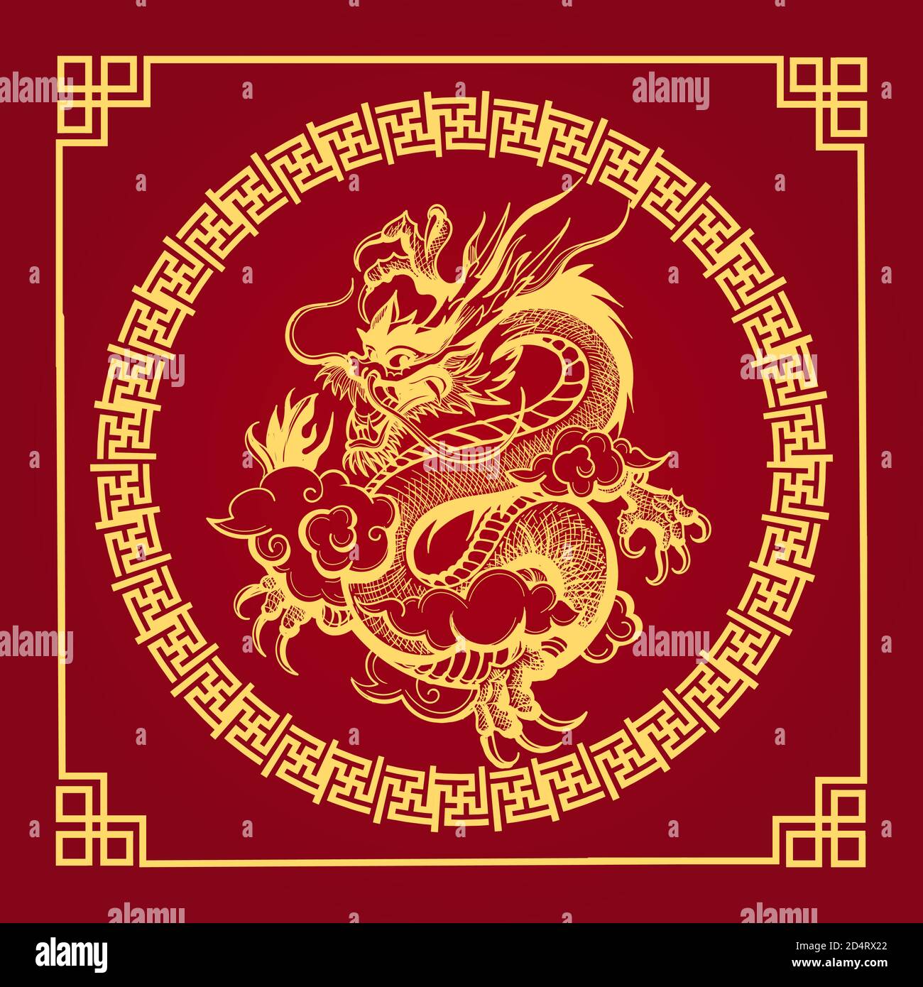 Chinesischer Drache im goldenen Kreis auf rotem Hintergrund. Vektorgrafik. Stock Vektor