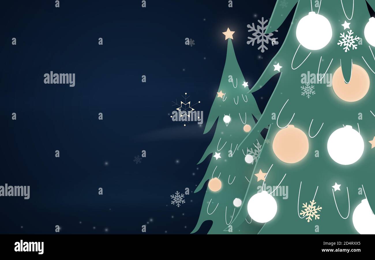 Frohe Weihnachten und Neujahr. Weihnachtsbäume, Bälle mit Schneeflocken, Licht, Sterne. Papierkunst und Handwerkskunst. Vektorgrafik Stock Vektor