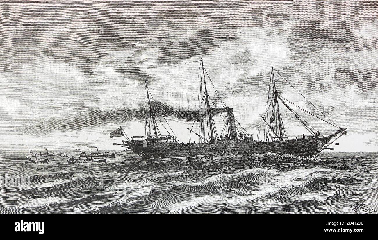 Dampfschiff 'Großherzog Konstantin' mit seinen Zerstörern im Schwarzen Meer im 19. Jahrhundert. Stockfoto