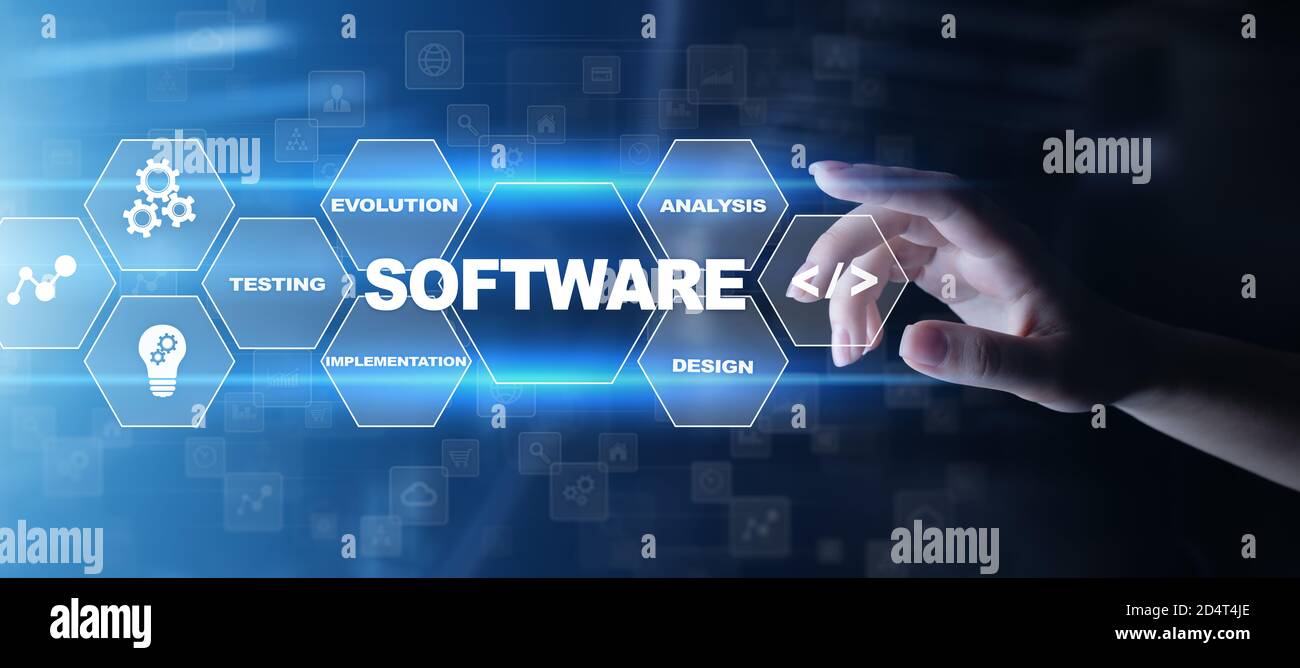 Softwareentwicklung und Geschäftsprozessautomatisierung, Internet- und Technologiekonzept auf virtuellem Bildschirm Stockfoto