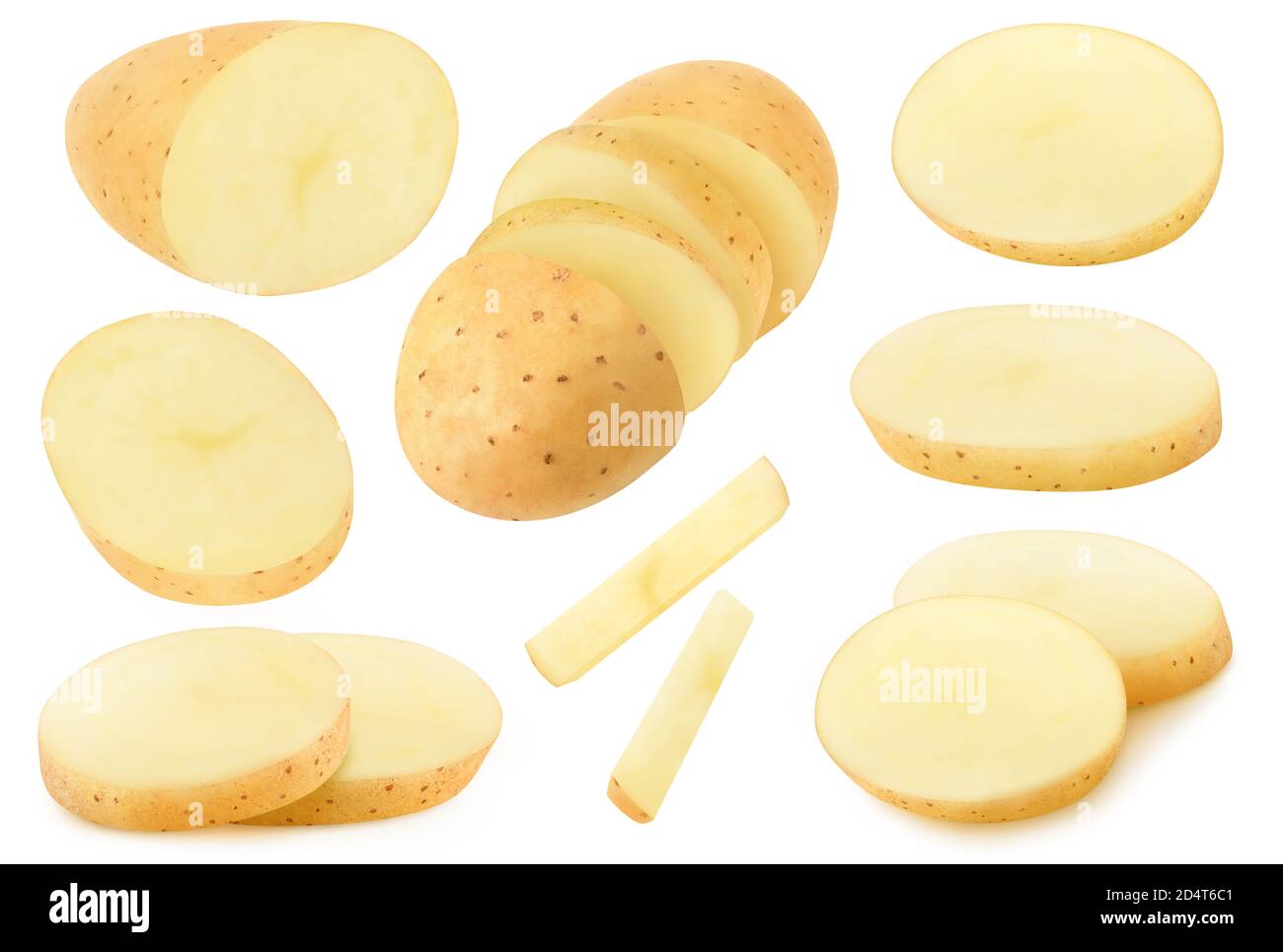 Isolierte Kartoffelsammlung. Stücke von rohen Kartoffeln isoliert auf weißem Hintergrund Stockfoto
