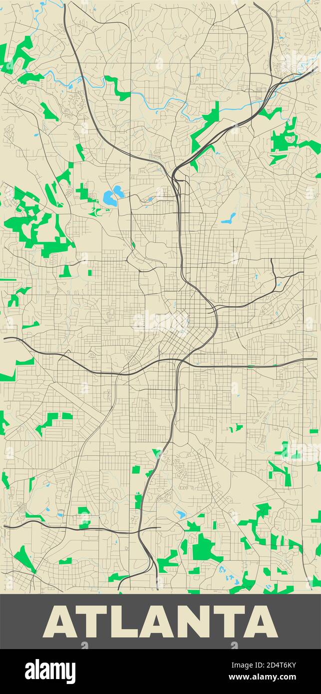 Atlanta-Karte. Vektor-Karte von Atlanta Stadtgebiet. Plakat mit Straße, Wasser und Wald auf gelbem Hintergrund. Stock Vektor