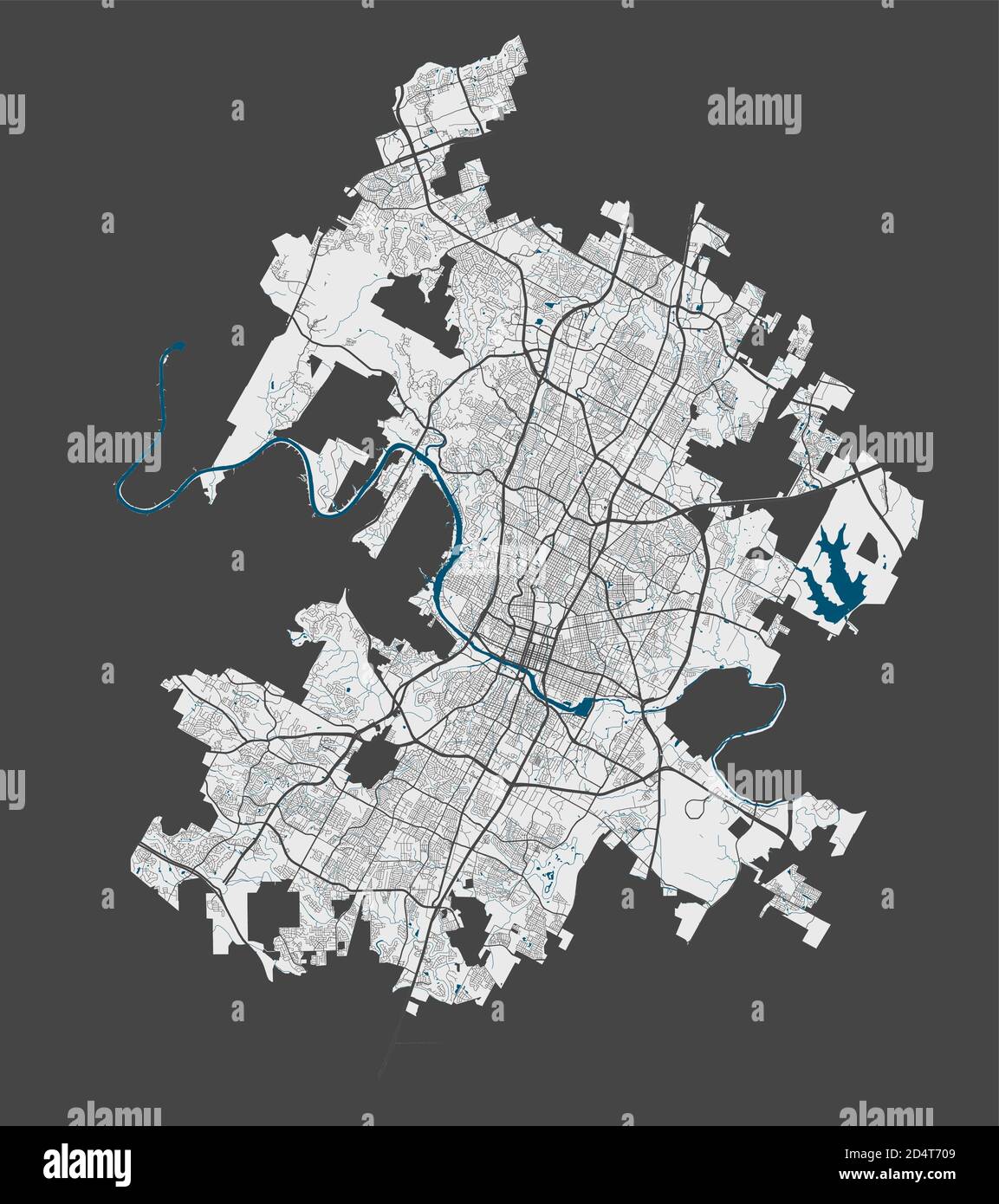 Karte von Austin. Detaillierte Vektorkarte von Austin Stadtverwaltung. Plakat mit Straßen und Wasser auf grauem Hintergrund. Stock Vektor