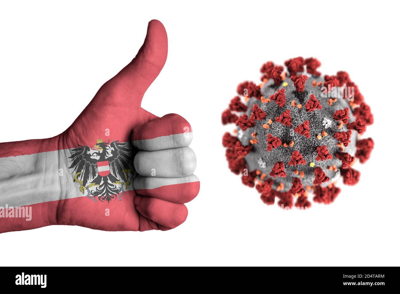 Österreich Flagge auf menschlichem Daumen nach oben Hand während covid Stockfoto