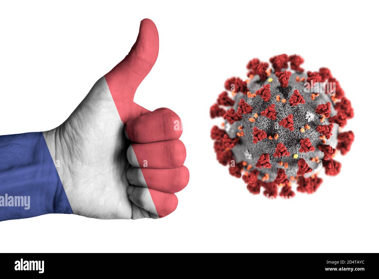 Frankreich Flagge auf menschlichen männlichen Daumen nach oben Hand während covid Stockfoto