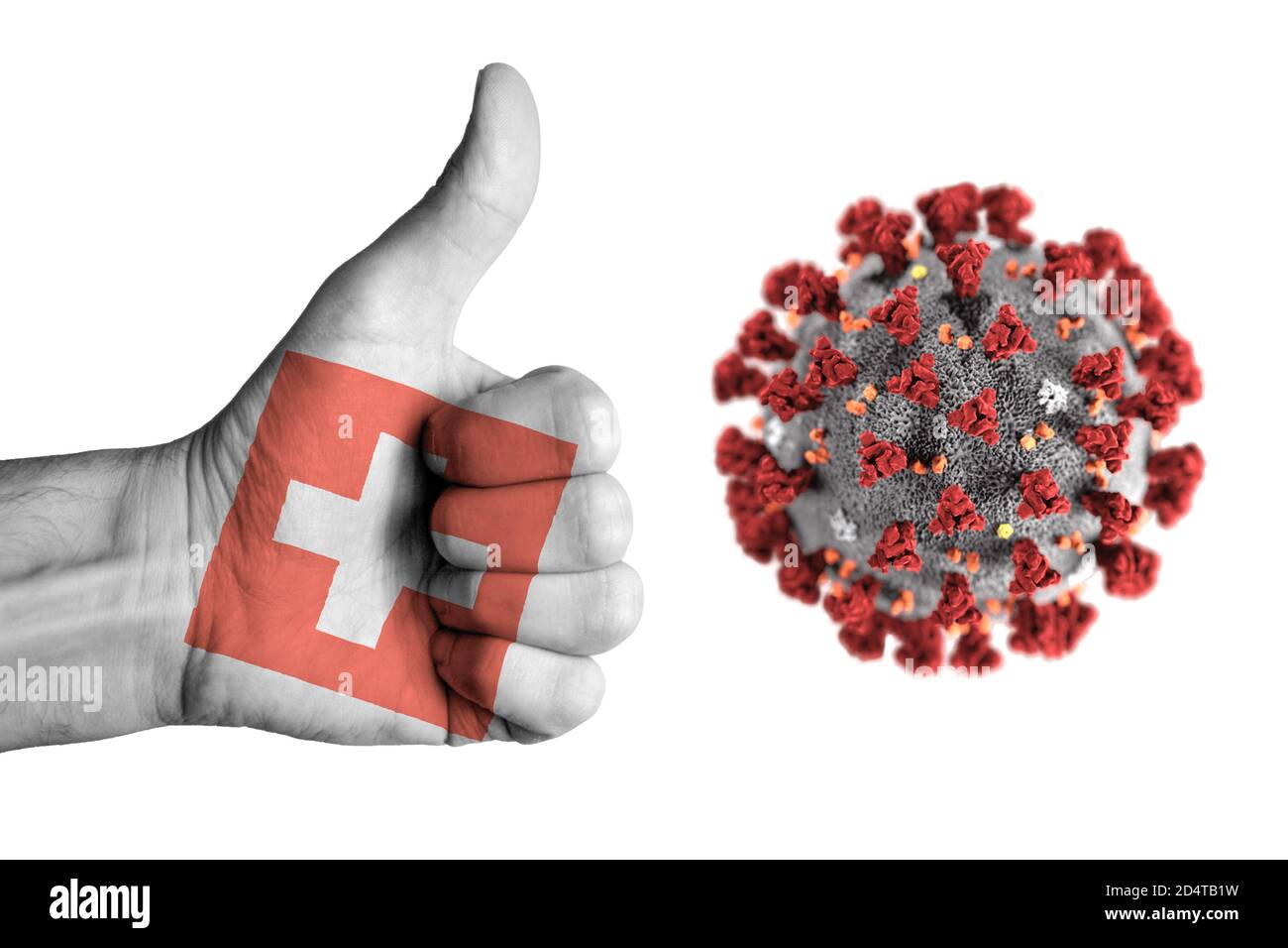 Schweizer Flagge auf menschlichem Daumen nach oben Hand während covid Stockfoto