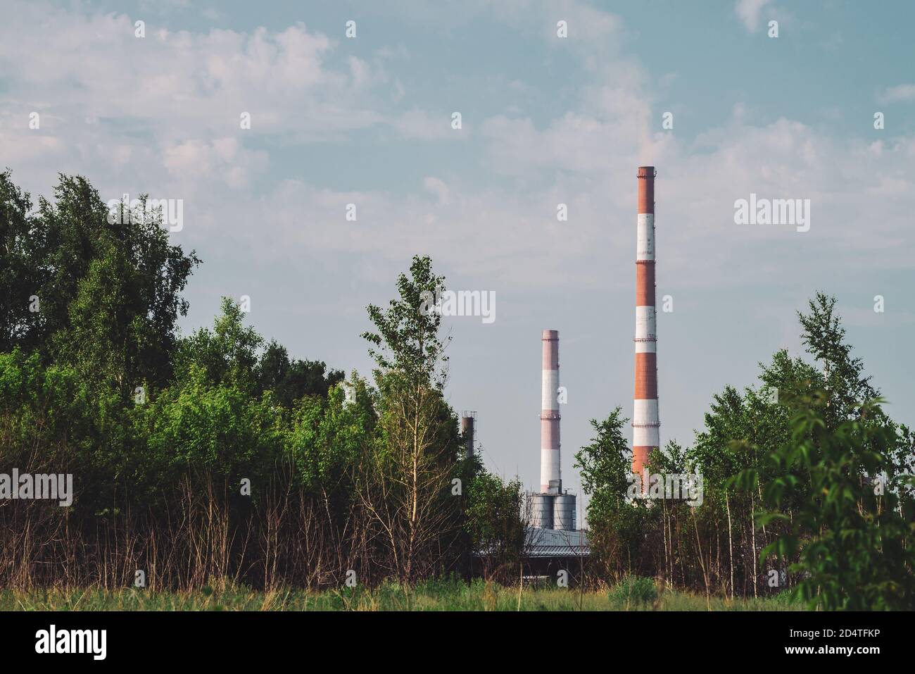 Riesiger Rauchstapel im Industriegebiet hinter Bäumen. Industrielle Struktur mit großer Pfeife aus braunem Ziegel unter blauem Himmel. Technologie und Natur. Verschmutzung Stockfoto