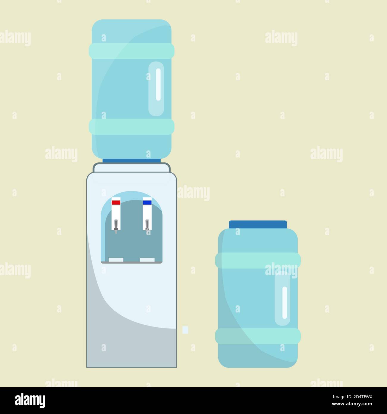 Vector moderner Wasserkühler für Büroangestellte mit einer Flasche oben und einer weiteren seitlich. Isoliert auf hellgelbem Hintergrund Stock Vektor