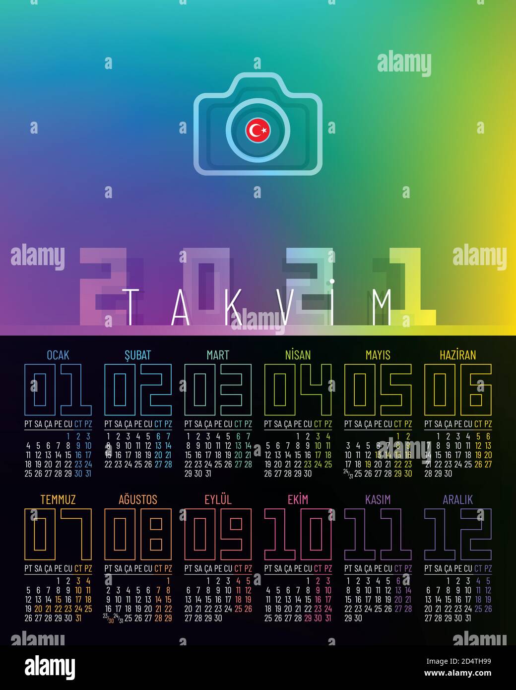 Poster Kalender 2021 Vektor-Design mit 12 Seiten und Regenbogenfarben. Kalendervorlage für die Türkei. Stock Vektor