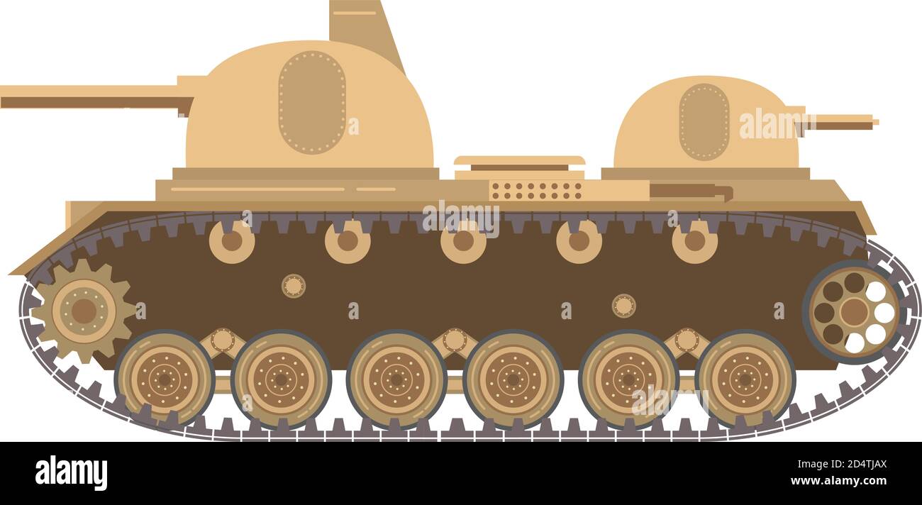 Caterpillar Kampf militärischen gepanzerten Fahrzeug.Armee Ausrüstung.für die Websites und Spiele.Vektor In flacher .Multi-turreted.Artillerie Kanone Stock Vektor