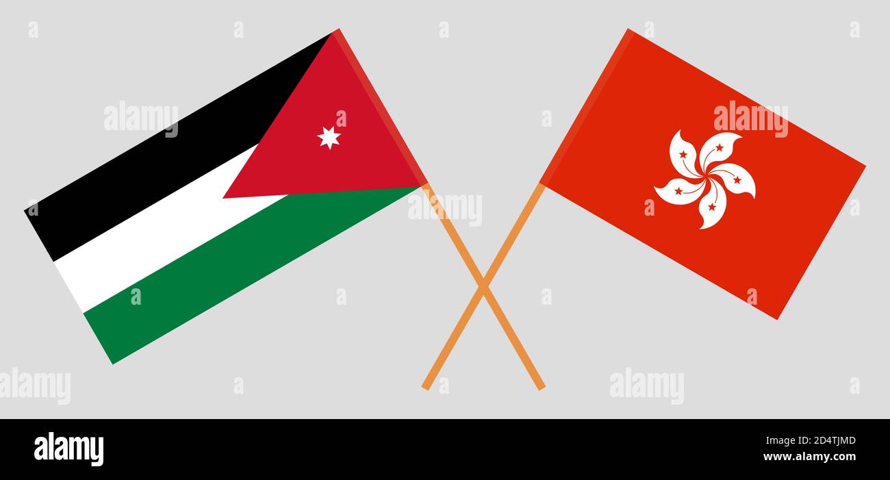 Gekreuzte Flaggen von Jordanien und Hongkong. Offizielle Farben. Korrektes Verhältnis. Vektorgrafik Stock Vektor