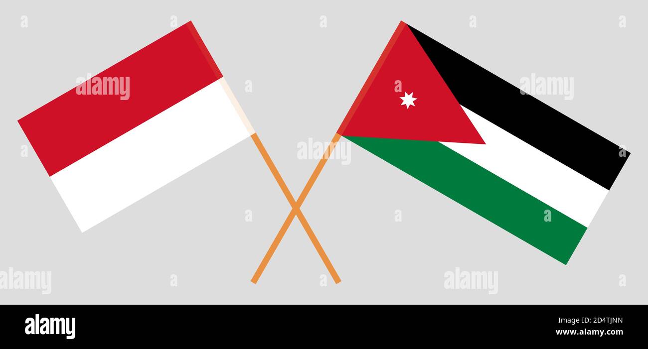 Gekreuzte Flaggen von Jordanien und Indonesien. Offizielle Farben. Korrektes Verhältnis. Vektorgrafik Stock Vektor