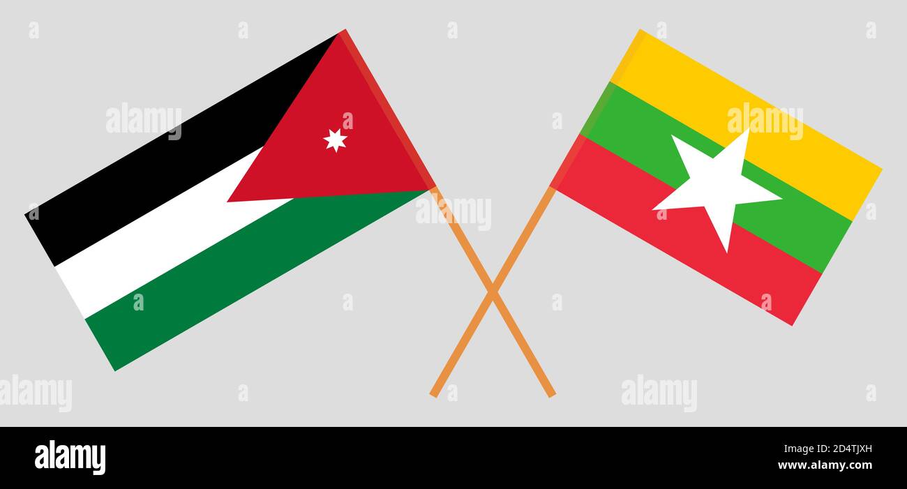 Gekreuzte Flaggen von Jordanien und Myanmar. Offizielle Farben. Korrektes Verhältnis. Vektorgrafik Stock Vektor