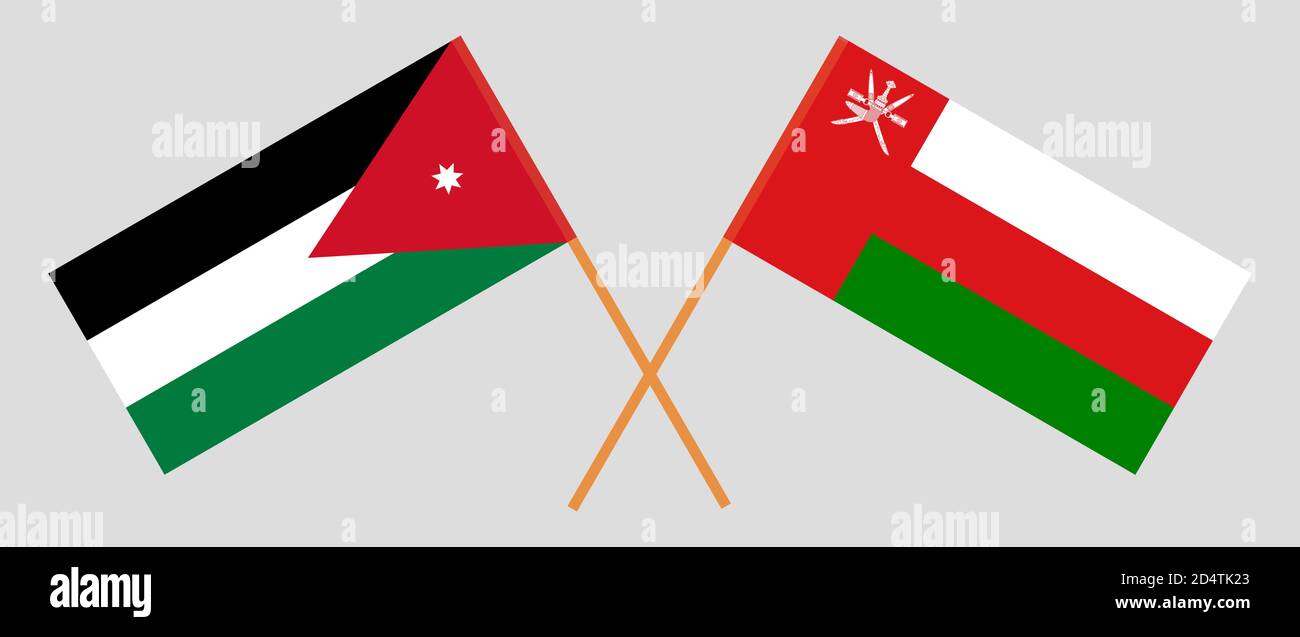 Gekreuzte Flaggen von Jordanien und Oman. Offizielle Farben. Korrektes Verhältnis. Vektorgrafik Stock Vektor